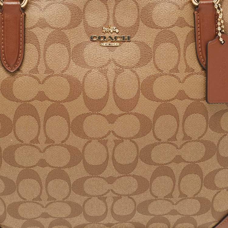 Pre Owned Coach Brown Signature Coated Canvas and Leather Top Zip Tote