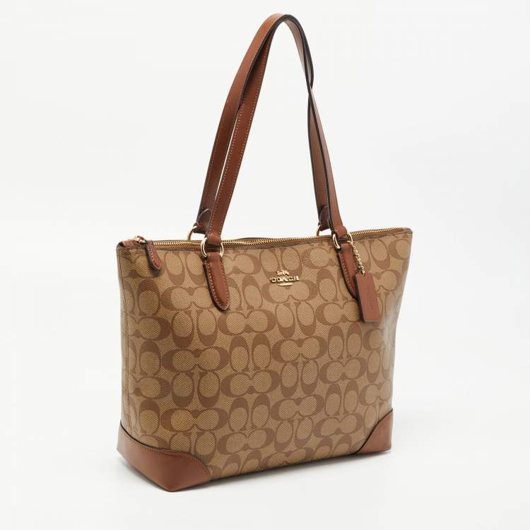 Pre Owned Coach Brown Signature Coated Canvas and Leather Top Zip Tote