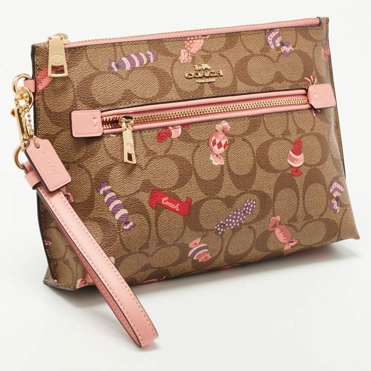 مملوكة مسبقًا Coach Beige Signature Coated Canvas and Leather Rowan Wristlet Pouch