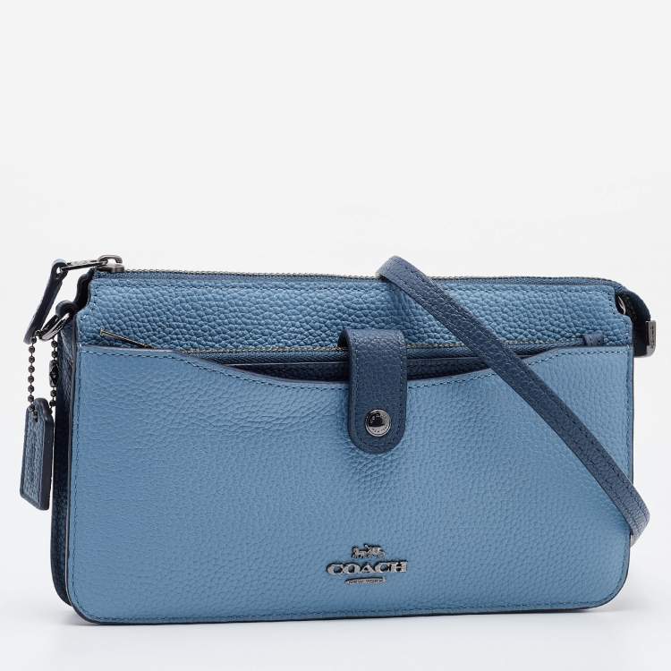 Pre Owned Coach Two Tone Blue Leather Noa Pop Up Crossbody Bag