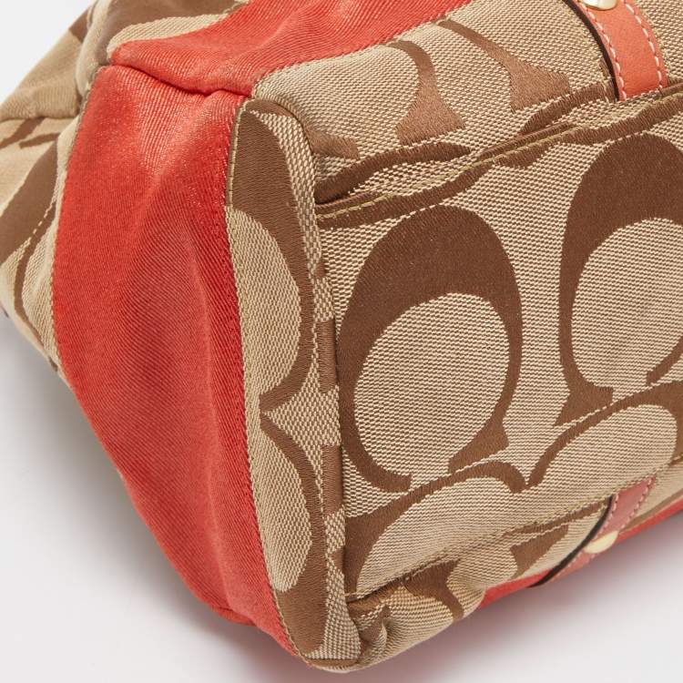 Pre Owned Coach Beige/Orange Signature Canvas and Leather Satchel