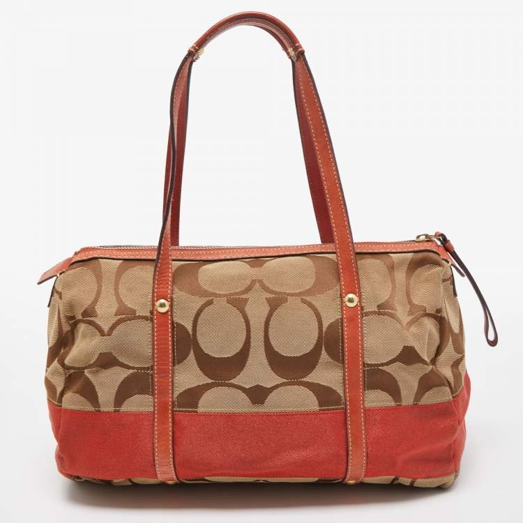 Pre Owned Coach Beige/Orange Signature Canvas and Leather Satchel
