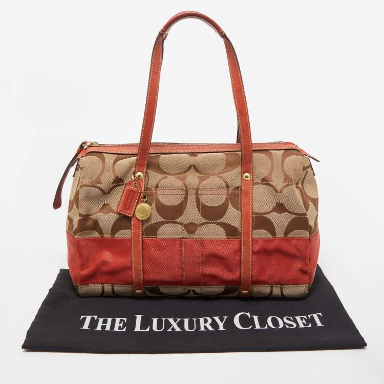 Pre Owned Coach Beige/Orange Signature Canvas and Leather Satchel