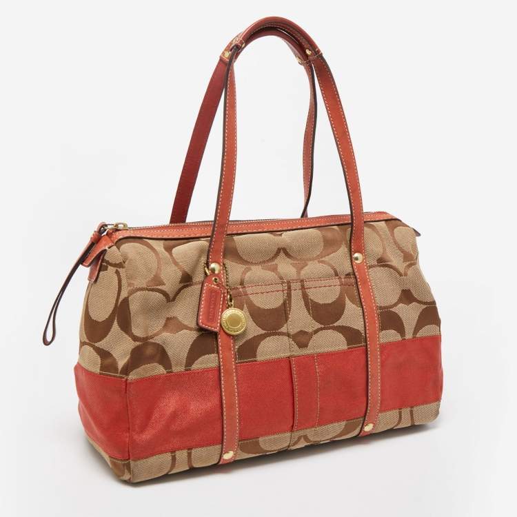 Pre Owned Coach Beige/Orange Signature Canvas and Leather Satchel