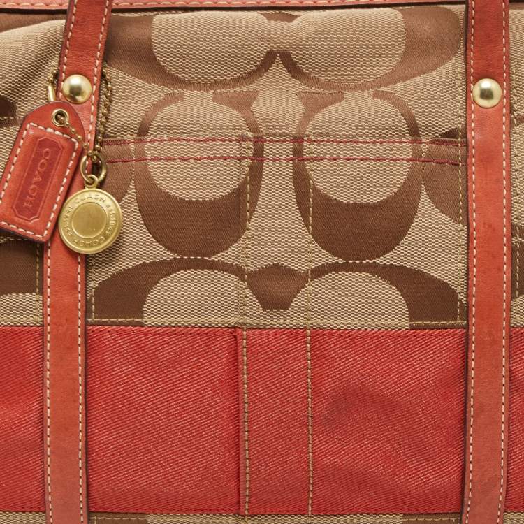 Pre Owned Coach Beige/Orange Signature Canvas and Leather Satchel