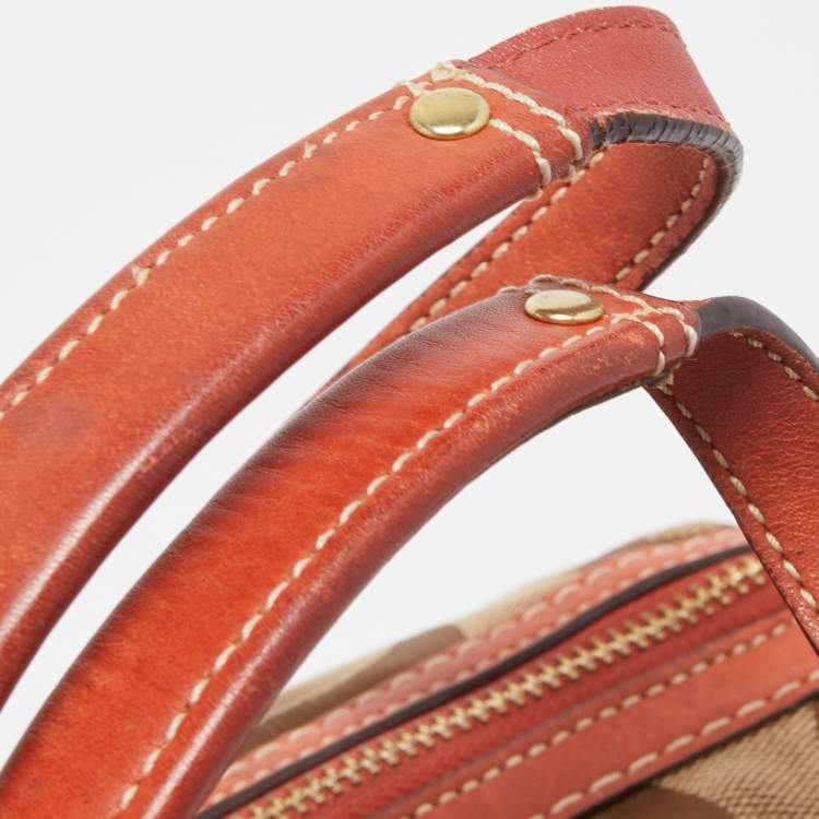 Pre Owned Coach Beige/Orange Signature Canvas and Leather Satchel