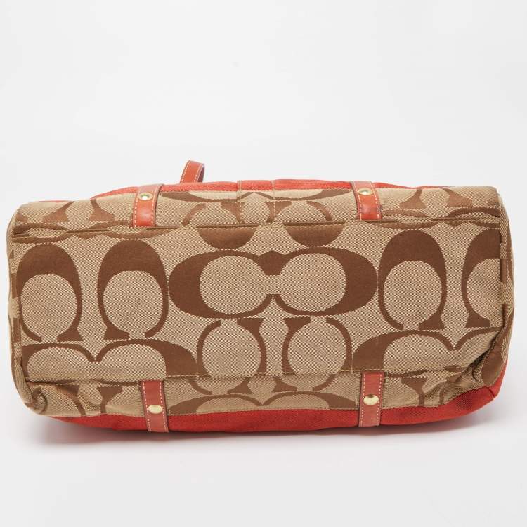 Pre Owned Coach Beige/Orange Signature Canvas and Leather Satchel