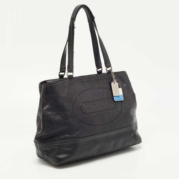 Pre Owned Coach Black Leather Hampton Perforated Weekend Tote