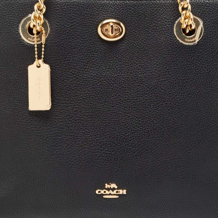 Pre Owned Coach Black Leather Turnlock Chain Tote