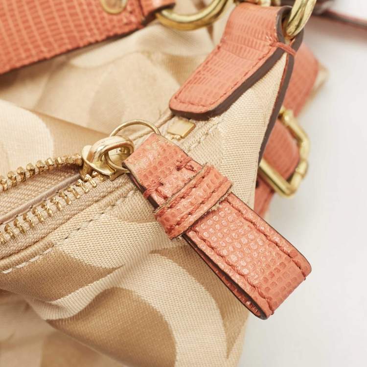 Pre Owned Coach Beige/Orange Op Art Fabric and Lizard Embossed Hailey Hobo