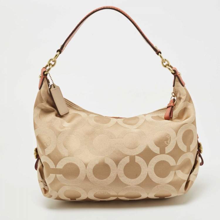 Pre Owned Coach Beige/Orange Op Art Fabric and Lizard Embossed Hailey Hobo