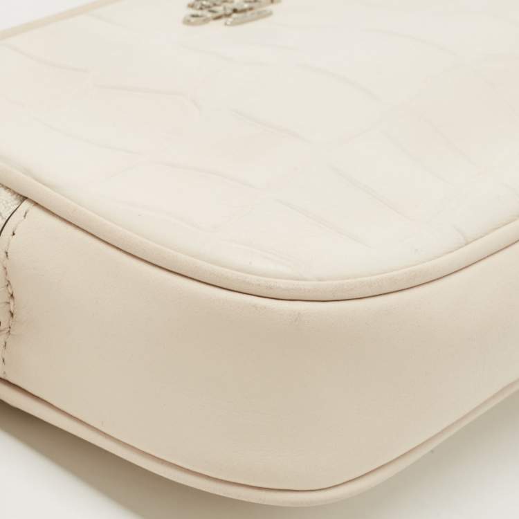 Pre Owned Coach White Croc Embossed Leather Double Zip Camera Crossbody Bag