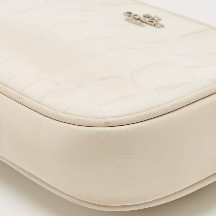 Pre Owned Coach White Croc Embossed Leather Double Zip Camera Crossbody Bag