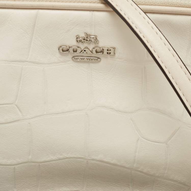 Pre Owned Coach White Croc Embossed Leather Double Zip Camera Crossbody Bag