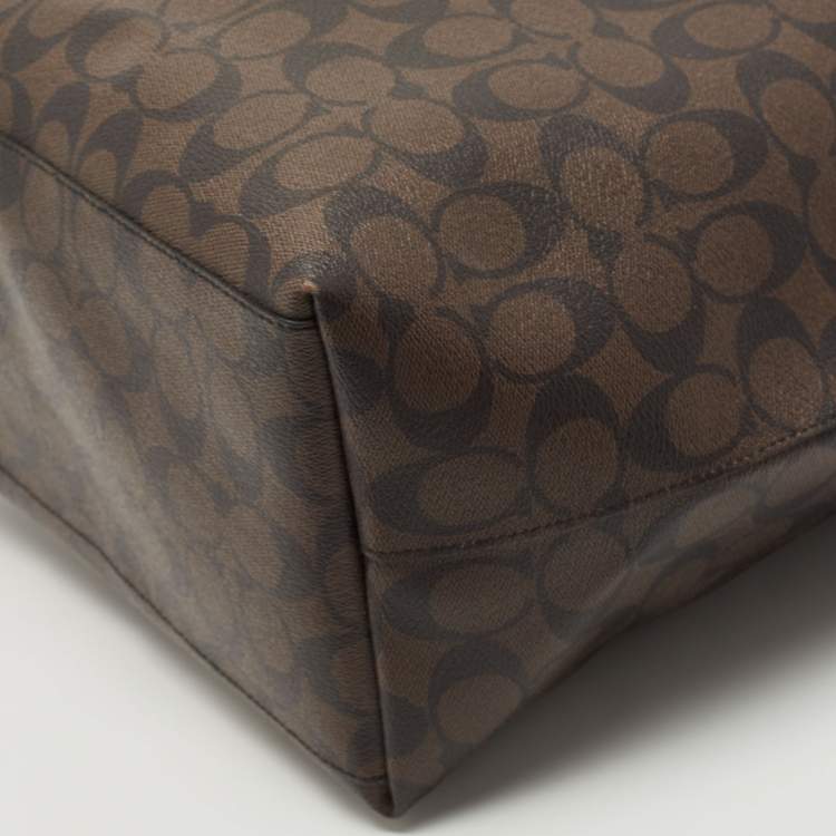 Pre Owned Coach Dark Brown Signature Coated Canvas and Leather City Tote