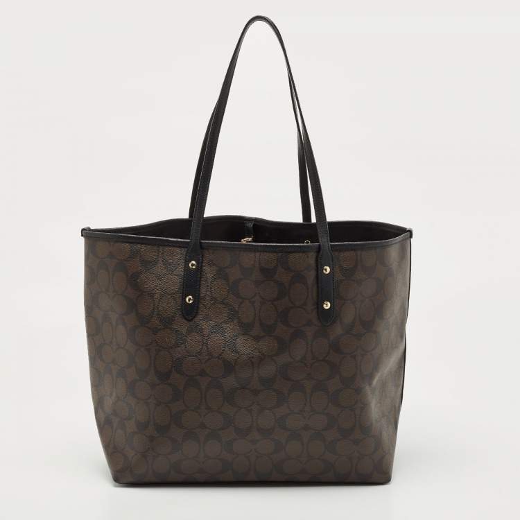 Pre Owned Coach Dark Brown Signature Coated Canvas and Leather City Tote