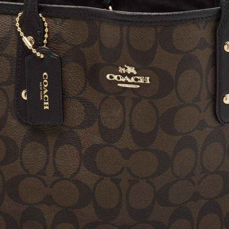 Pre Owned Coach Dark Brown Signature Coated Canvas and Leather City Tote