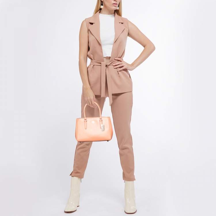 Pre Owned Coach Peach Leather Mini Surrey Carryall Tote