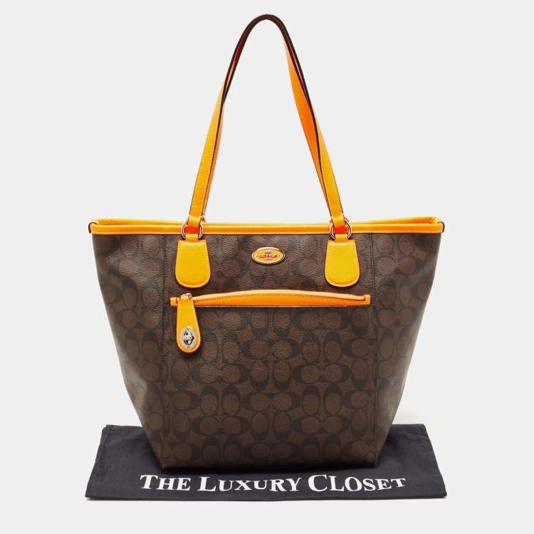 Pre Owned Coach Dark Brown/Neon Signature Coated Canvas and Leather Signature Zip Tote