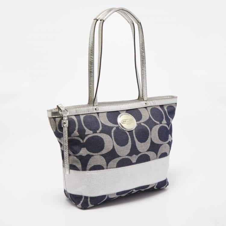 Pre Owned Coach Blue/Silver Denim and Leather Tote