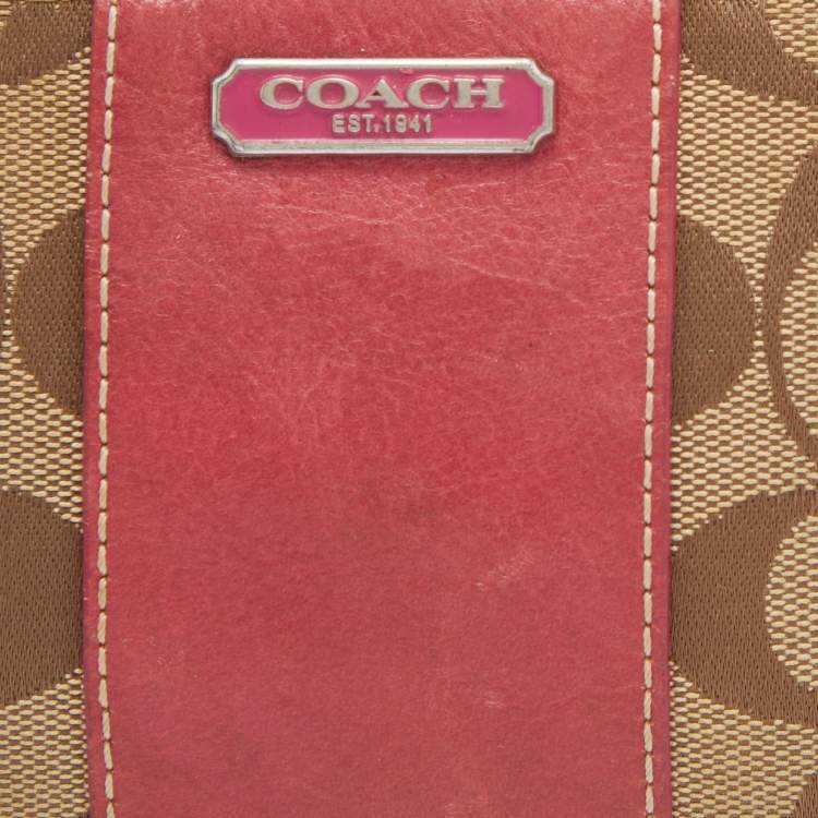 Pre Owned Coach Beige/Pink Signature Canvas and Leather Wristlet Pouch