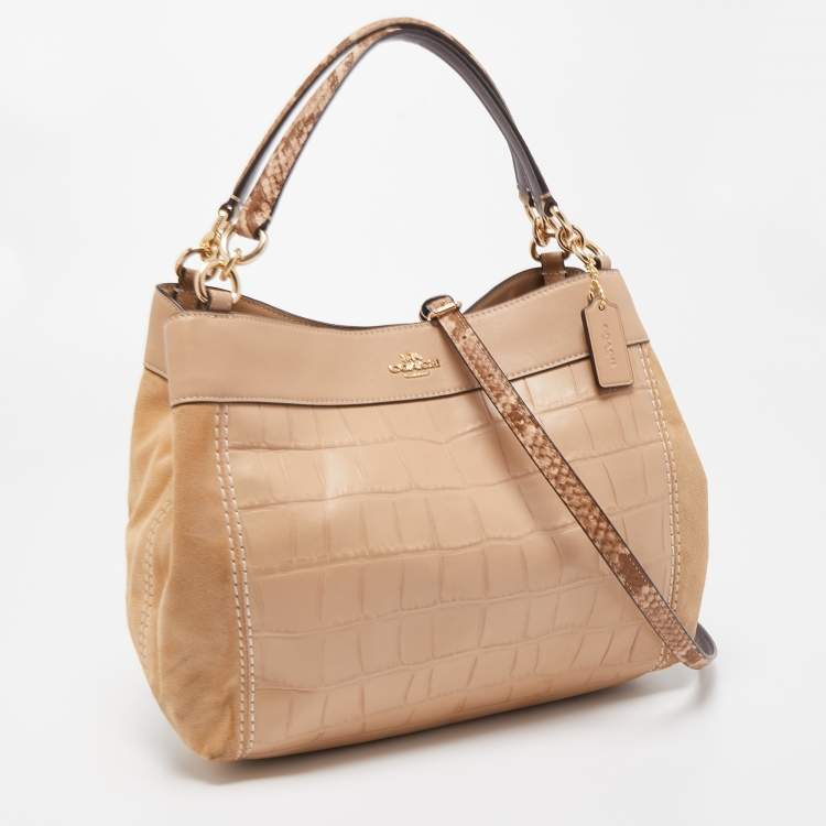 Pre Owned Coach Beige Suede, Croc and Python Embossed Leather Small Lexy Shoulder Bag