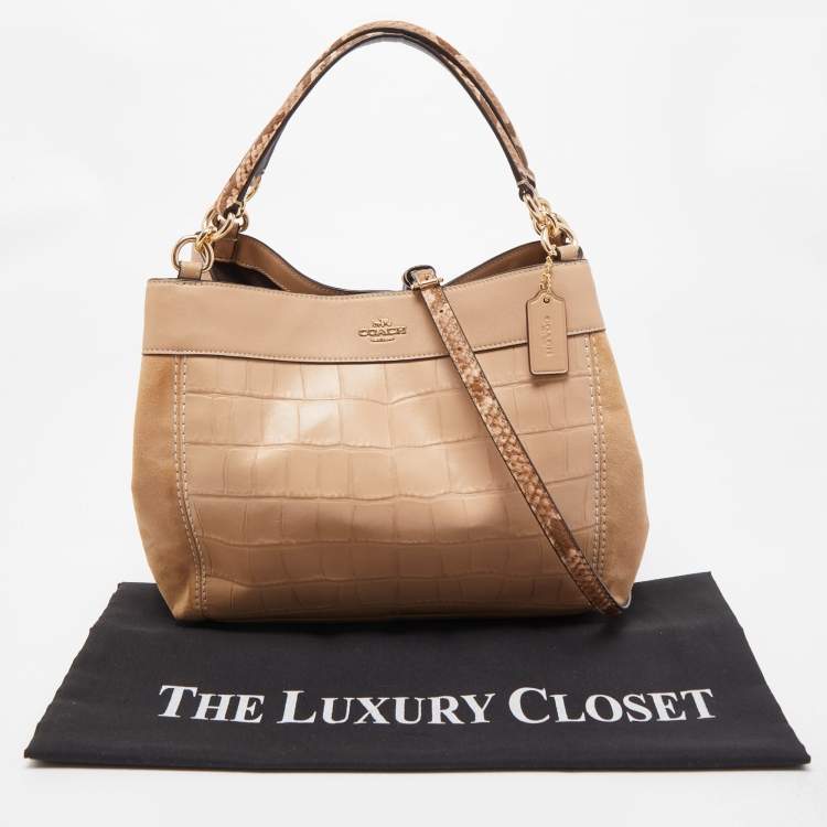 Pre Owned Coach Beige Suede, Croc and Python Embossed Leather Small Lexy Shoulder Bag