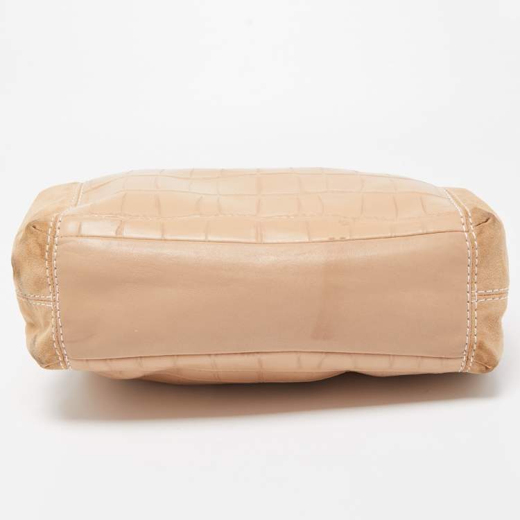 Pre Owned Coach Beige Suede, Croc and Python Embossed Leather Small Lexy Shoulder Bag
