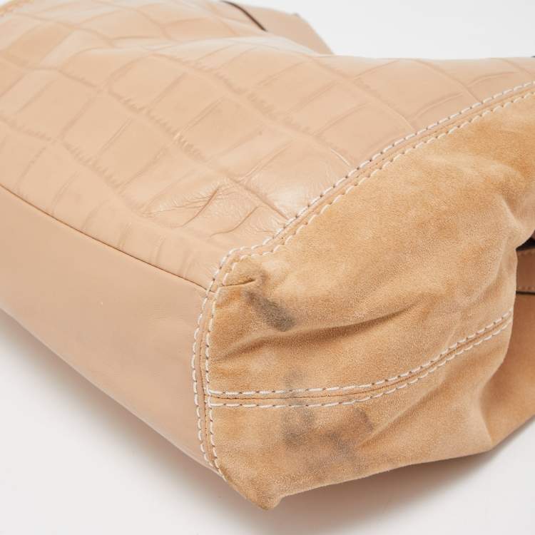 Pre Owned Coach Beige Suede, Croc and Python Embossed Leather Small Lexy Shoulder Bag