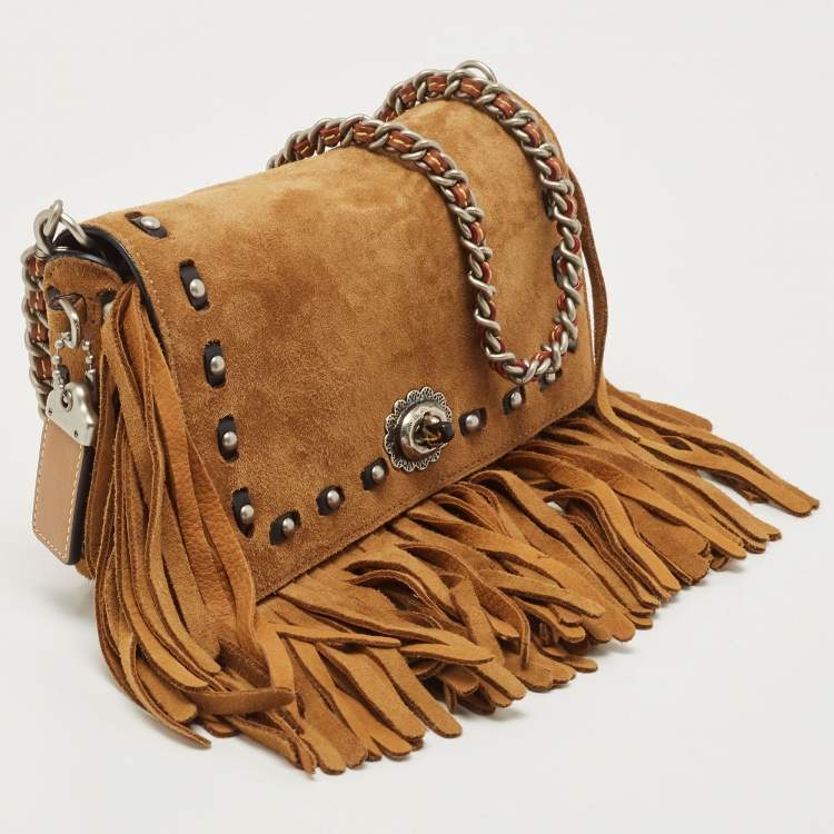 Pre Owned Coach Brown Suede Fringe Dinky Crossbody Bag