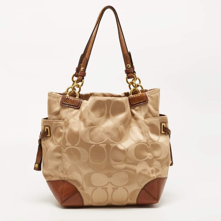 Pre Owned Coach Beige/Brown Signature Fabric and Leather Tote