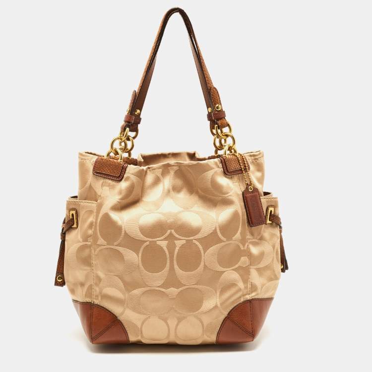 Pre Owned Coach Beige/Brown Signature Fabric and Leather Tote