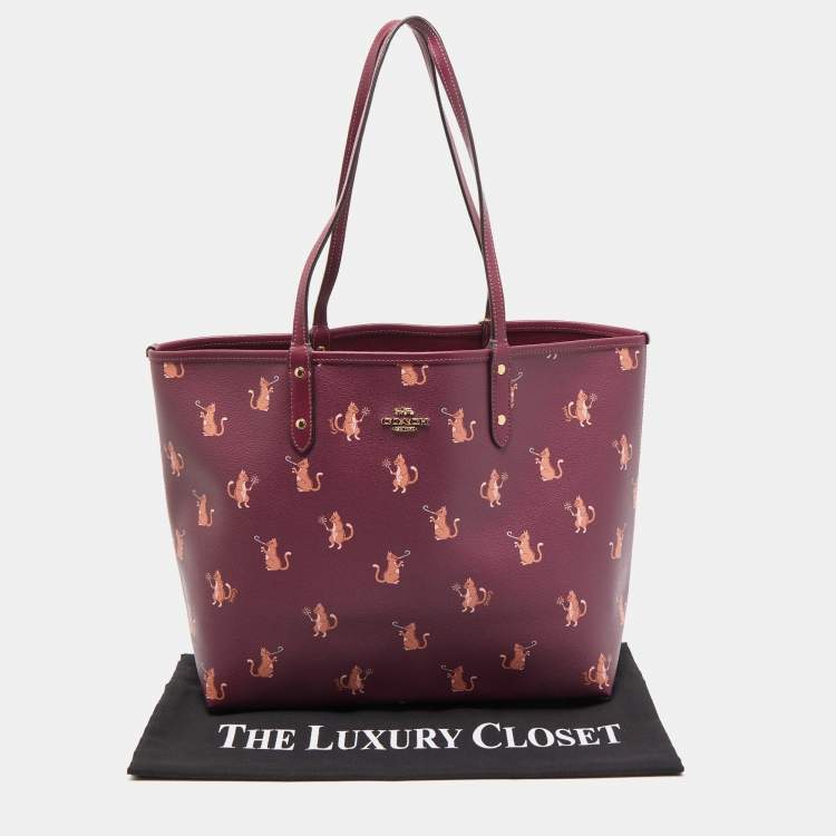 Pre Owned Coach Purple Cat Print Party Coated Canvas and Leather City Reversible Tote
