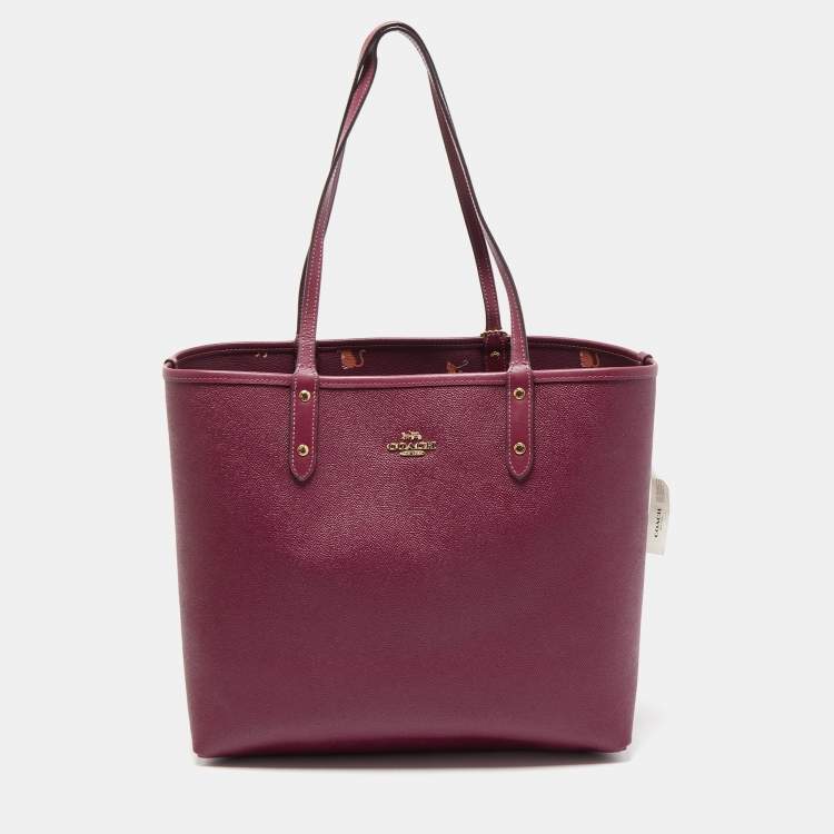 Pre Owned Coach Purple Cat Print Party Coated Canvas and Leather City Reversible Tote