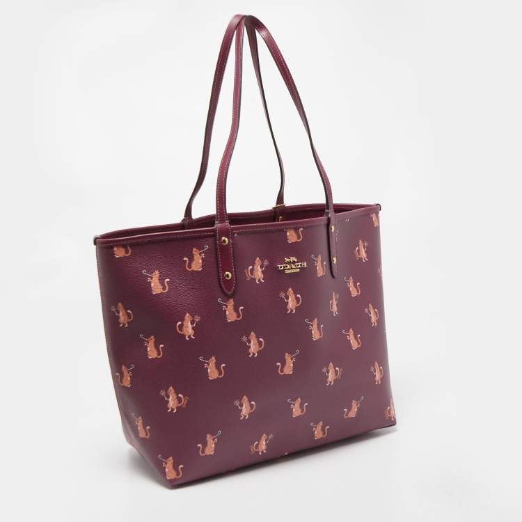 Pre Owned Coach Purple Cat Print Party Coated Canvas and Leather City Reversible Tote