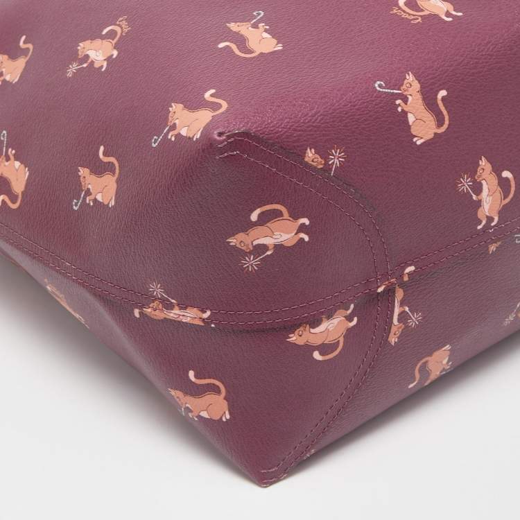 Pre Owned Coach Purple Cat Print Party Coated Canvas and Leather City Reversible Tote