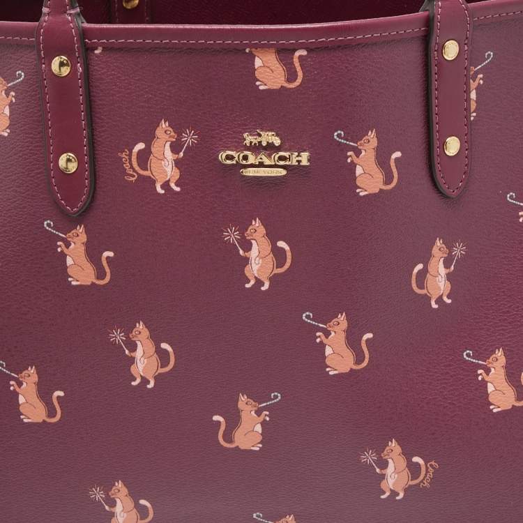 Pre Owned Coach Purple Cat Print Party Coated Canvas and Leather City Reversible Tote