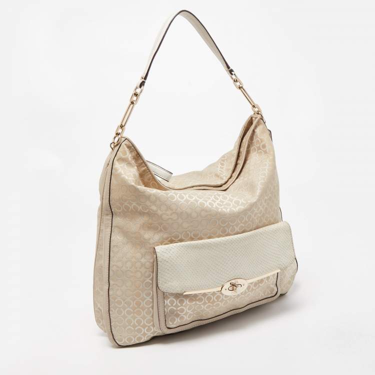 Pre Owned Coach Cream Op Art Fabric and Leather Madison Hobo 