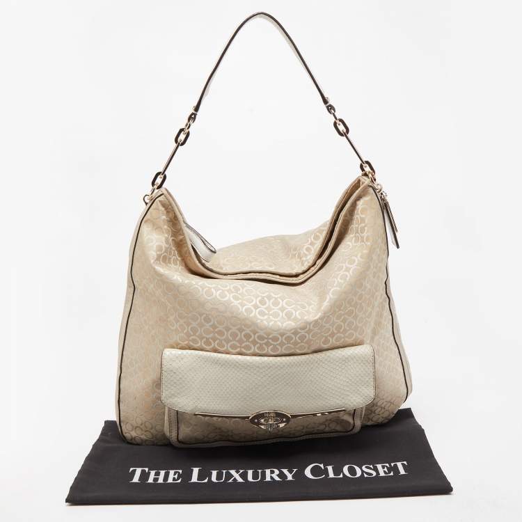 Pre Owned Coach Cream Op Art Fabric and Leather Madison Hobo 