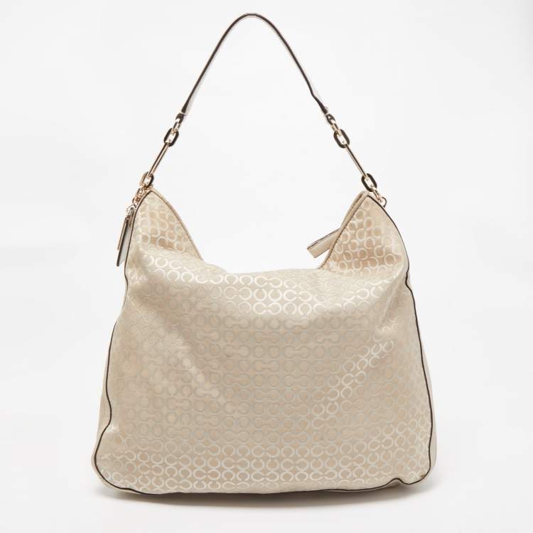 Pre Owned Coach Cream Op Art Fabric and Leather Madison Hobo 