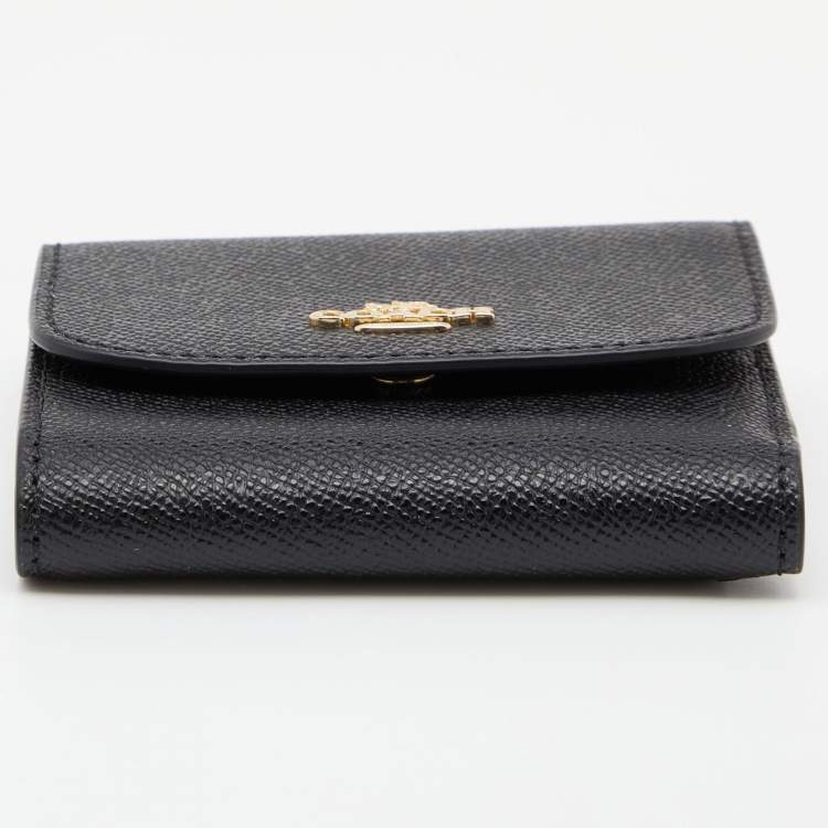Pre Owned Coach Black Leather Trifold Compact Wallet