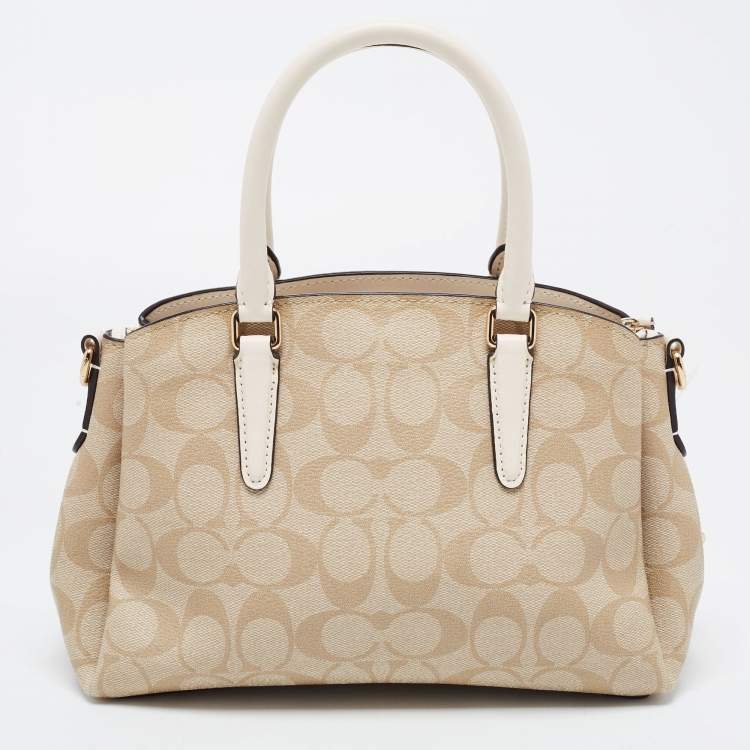 Pre Owned Coach Off White/Beige Signature Coated Canvas and Leather Mini Christie Carryall Satchel