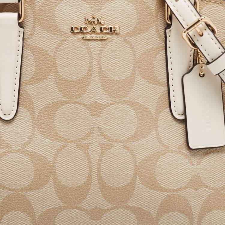 Pre Owned Coach Off White/Beige Signature Coated Canvas and Leather Mini Christie Carryall Satchel