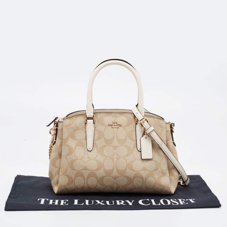 Pre Owned Coach Off White/Beige Signature Coated Canvas and Leather Mini Christie Carryall Satchel