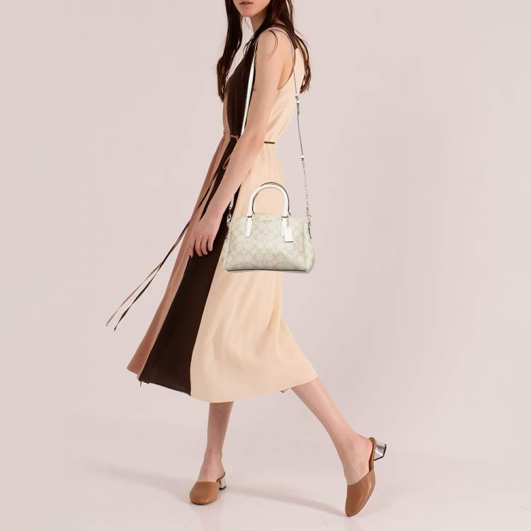 Pre Owned Coach Off White/Beige Signature Coated Canvas and Leather Mini Christie Carryall Satchel