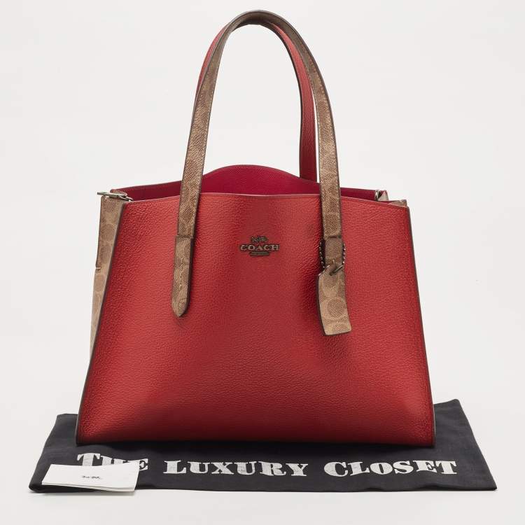 Pre Owned Coach Red/Beige Leather And Coated Canvas Charlie Carryall Tote