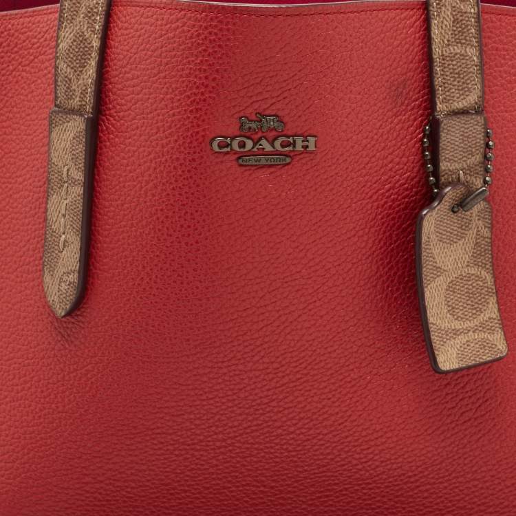 Pre Owned Coach Red/Beige Leather And Coated Canvas Charlie Carryall Tote