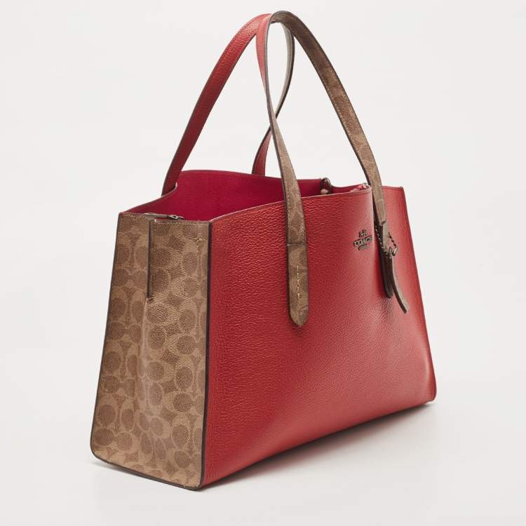 Pre Owned Coach Red/Beige Leather And Coated Canvas Charlie Carryall Tote