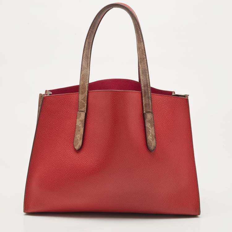 Pre Owned Coach Red/Beige Leather And Coated Canvas Charlie Carryall Tote