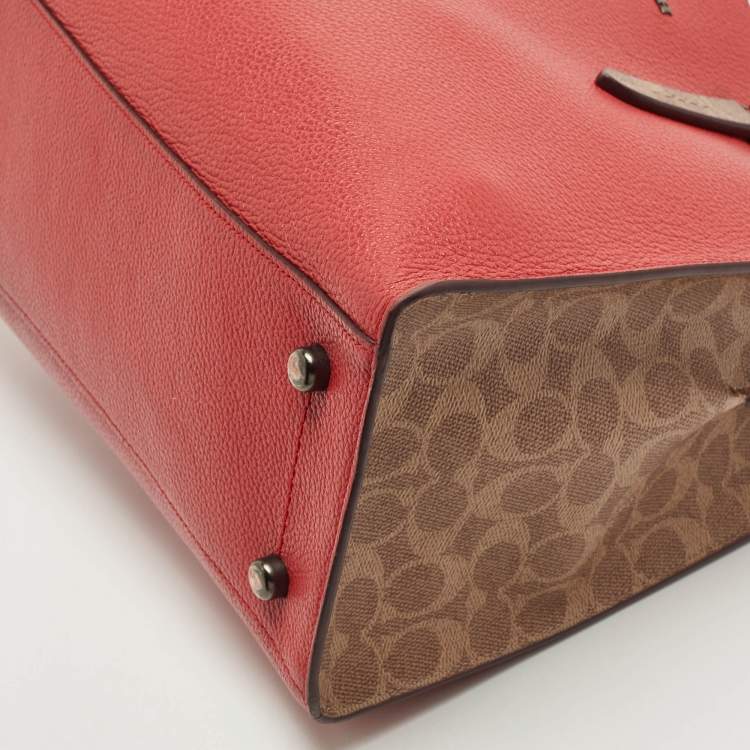 Pre Owned Coach Red/Beige Leather And Coated Canvas Charlie Carryall Tote